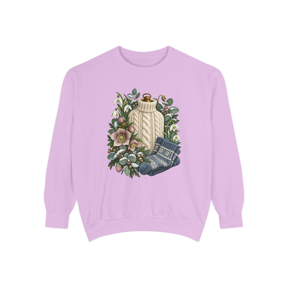 Winter still-life crewneck with 1x1 ribbed collar, cuffs and waistband, no hood and no front pocket - a cream cable-knit bottle cover standing among white snowdrops, pink hellebores, folded blue patterned socks and snow-dusted evergreen