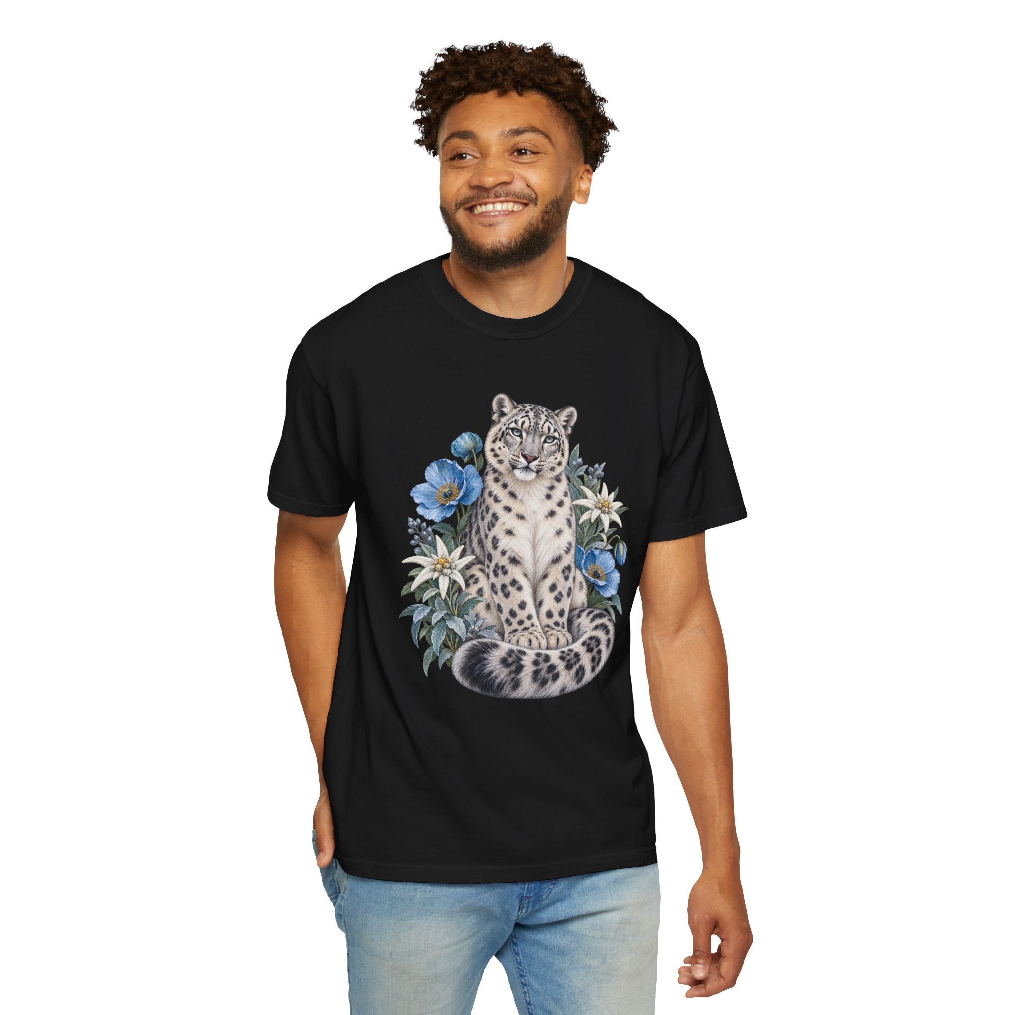 Snow Leopard & Blue Poppy T-Shirt — worn with denim