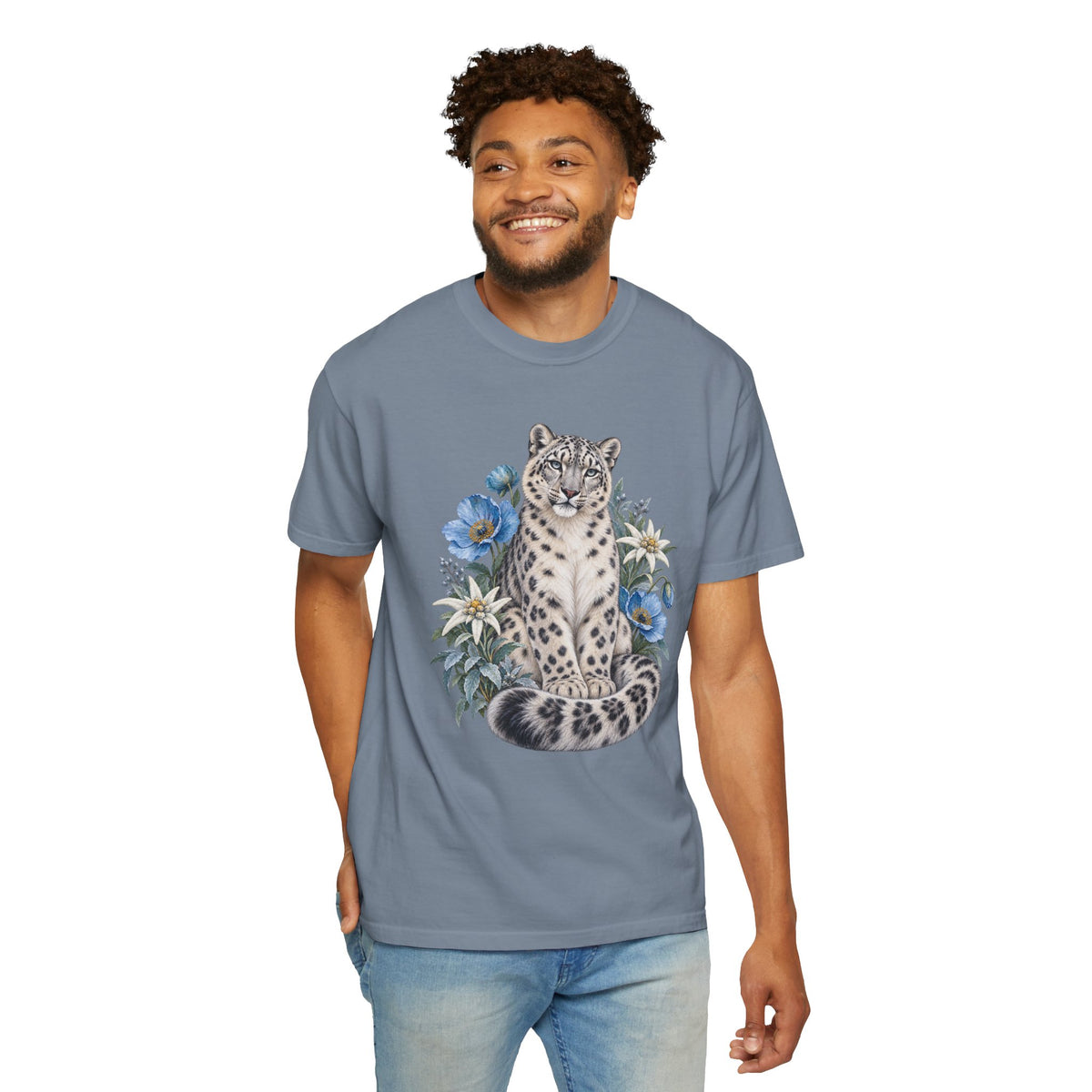 Snow Leopard & Blue Poppy T-Shirt — garment-dyed cotton, worn