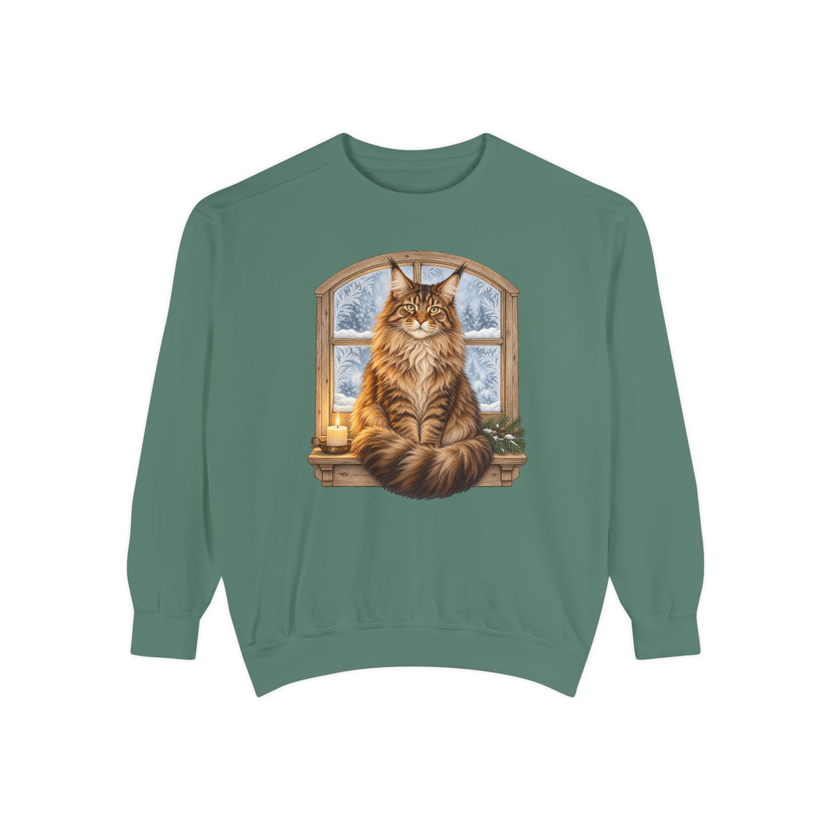 Maine Coon at the window sweatshirt in Light Green, front view