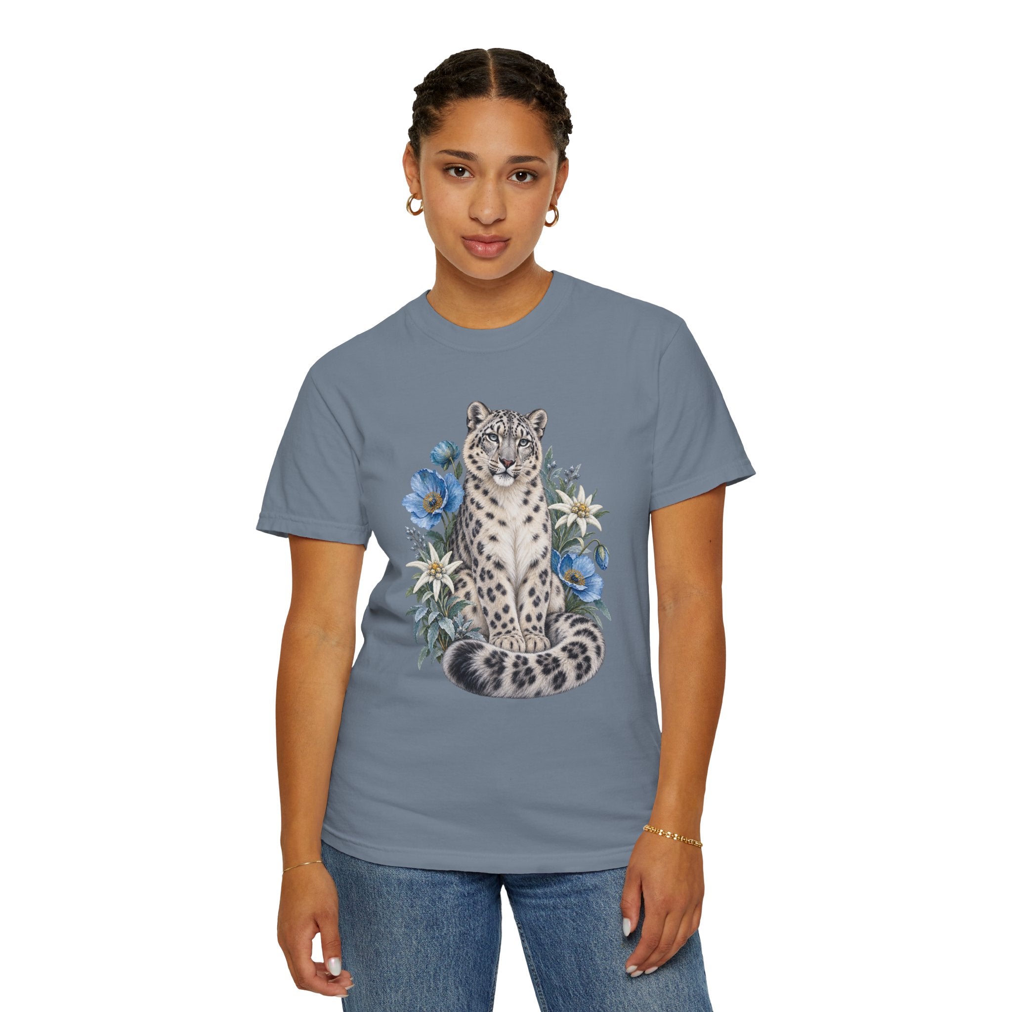 Snow Leopard & Blue Poppy T-Shirt — blue poppy detail
