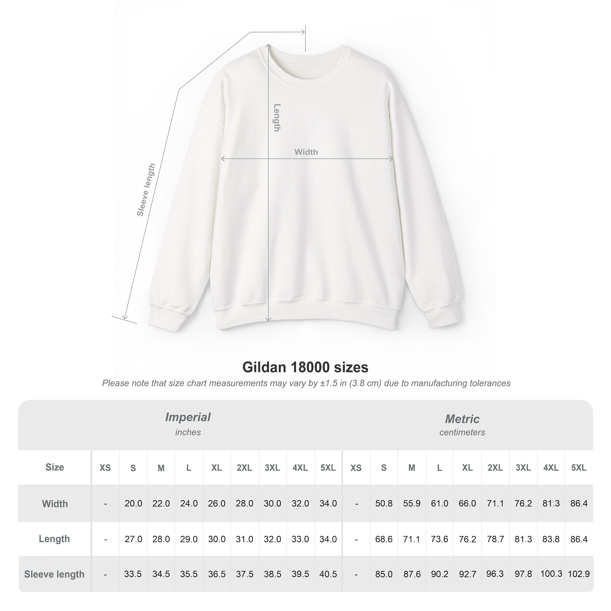 Gildan 18000 sweatshirt size chart showing width, length, and sleeve length for sizes S through 5XL in inches and centimeters