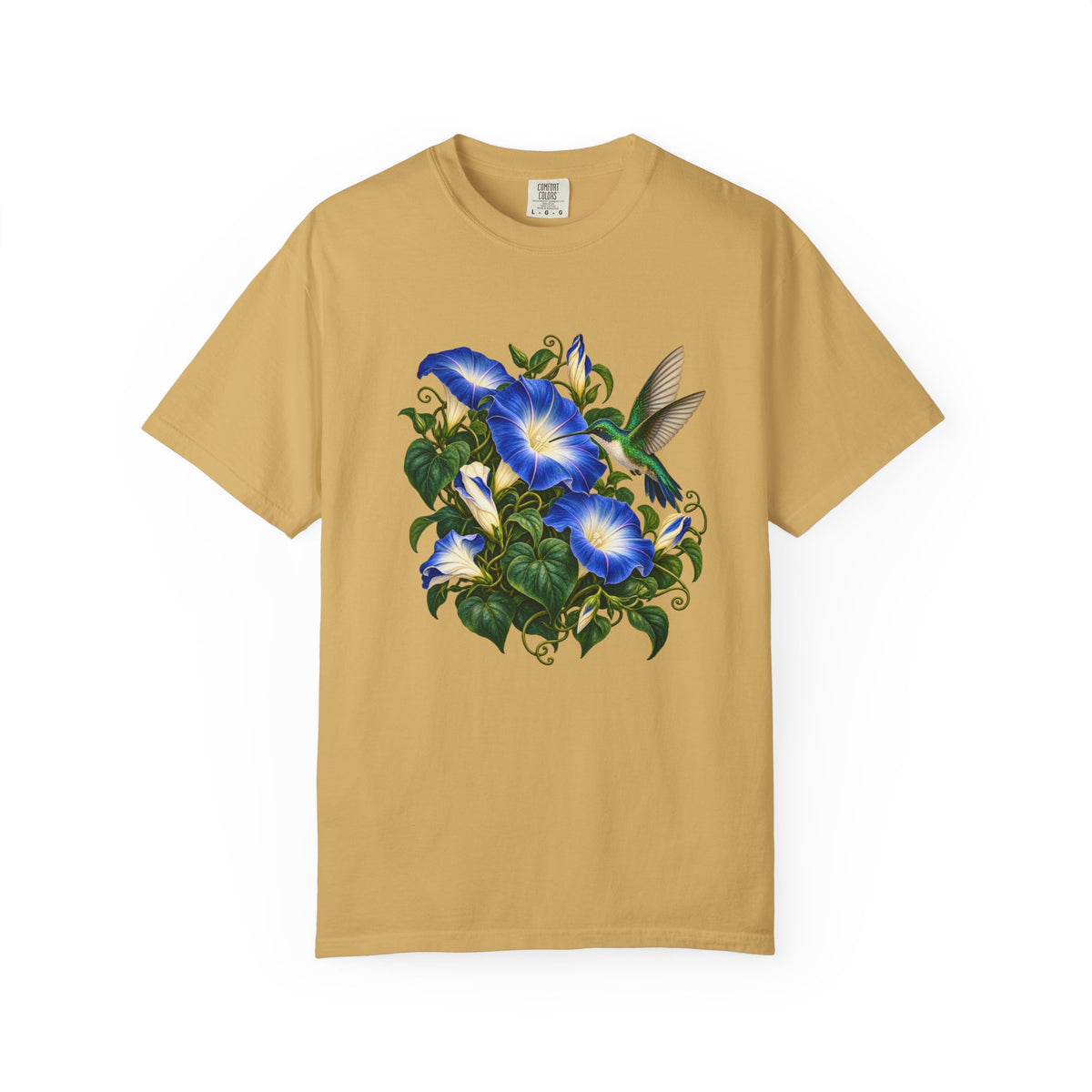 Morning Glory and Hummingbird T-Shirt — a green-backed hummingbird with a white breast hovering with its bill inside a large blue morning glory, among heart-shaped leaves and curling tendrils, printed large and centered on a garment-dyed Comfort Colors tee
