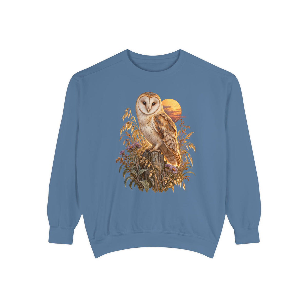 Barn owl at dusk sweatshirt in Blue Jean, front view
