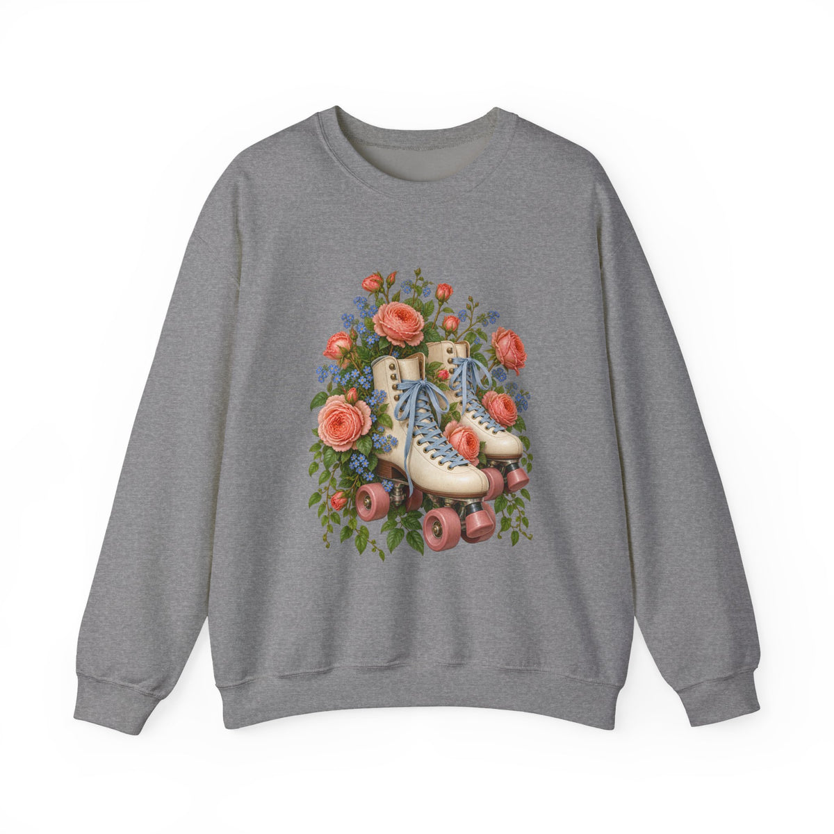 She Still Rolls crewneck sweatshirt, cream roller skates with blue laces and dusty pink wheels among coral roses, small blue flowers and trailing greenery, image 6 of 21