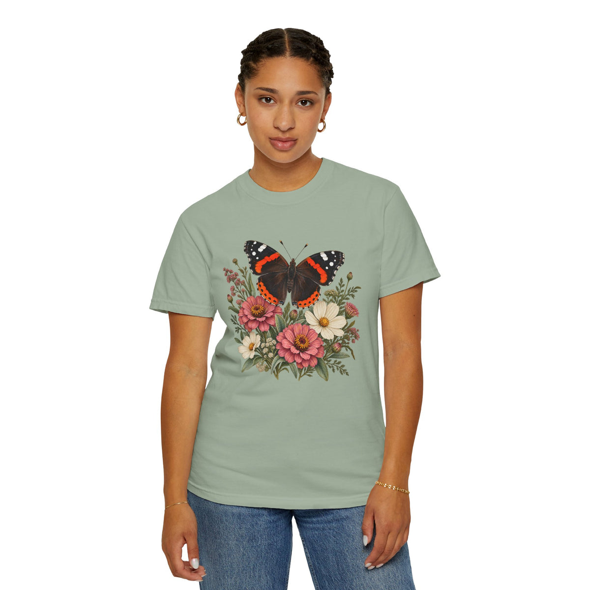 Red Admiral & Zinnia T-Shirt — Garment-Dyed Cotton