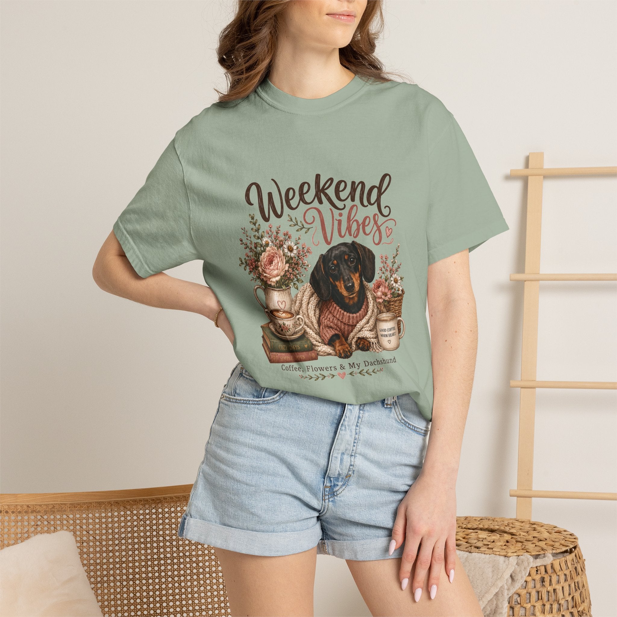 Weekend Vibes Dachshund Comfort Colors Shirt, Coffee Flowers Doxie Tee, Dachshund Mom Gift, Cozy Dog Shirt, Dog Lover Gift Her