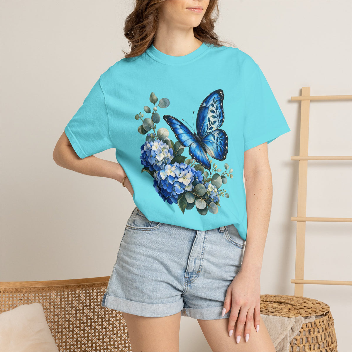 Blue Morpho & Hydrangea T-Shirt — Garment-Dyed Cotton