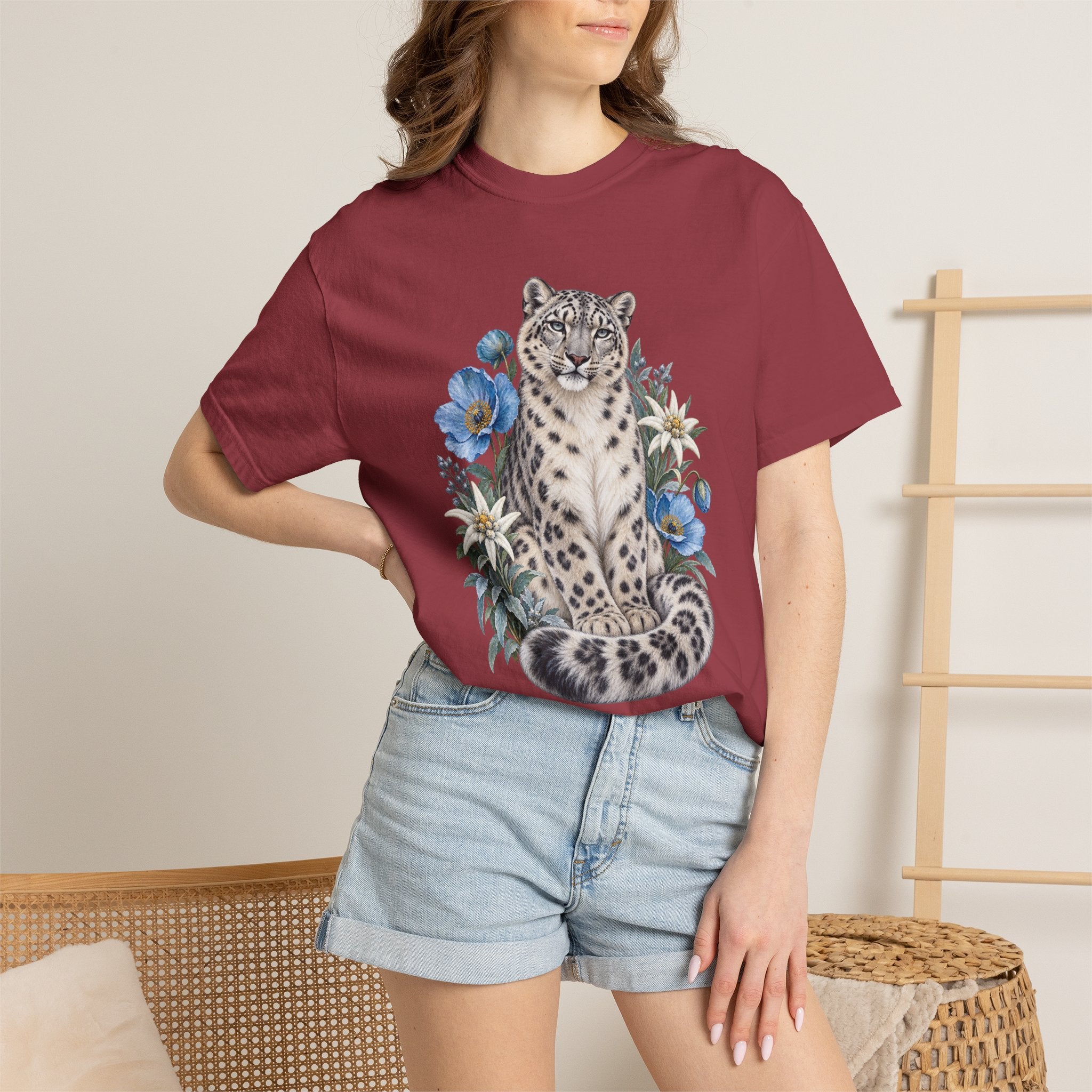Snow Leopard & Blue Poppy T-Shirt — modelled on garment-dyed cotton