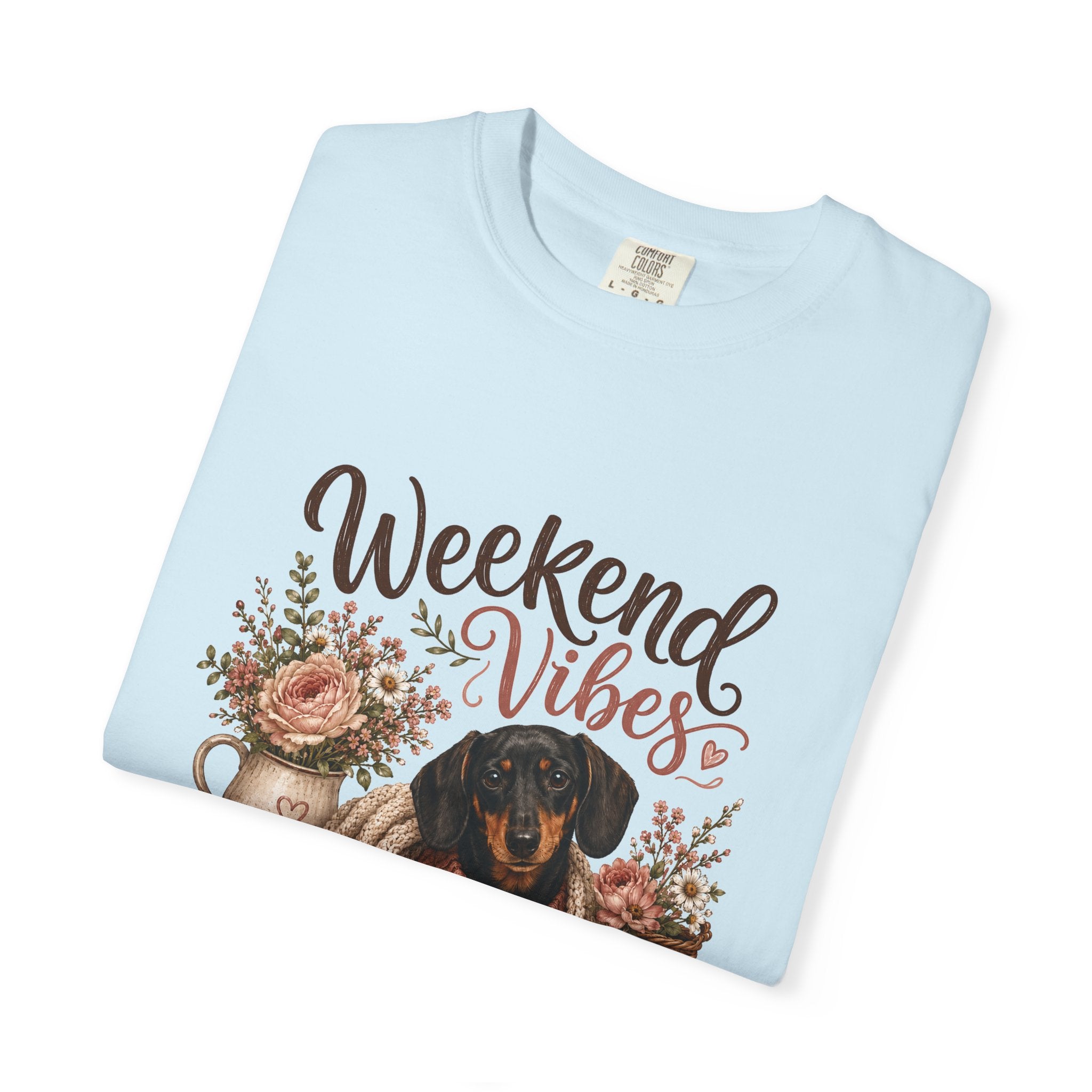 Weekend Vibes Dachshund Comfort Colors Shirt, Coffee Flowers Doxie Tee, Dachshund Mom Gift, Cozy Dog Shirt, Dog Lover Gift Her