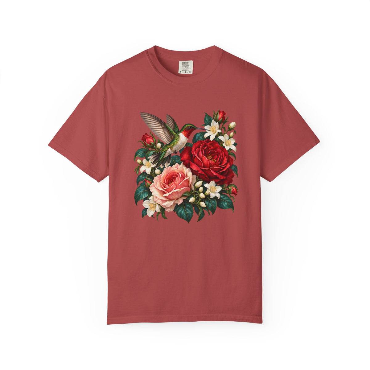 Bird lover botanical tee - a ruby-throated hummingbird arriving at roses, rosebuds and white jasmine, no text in the design