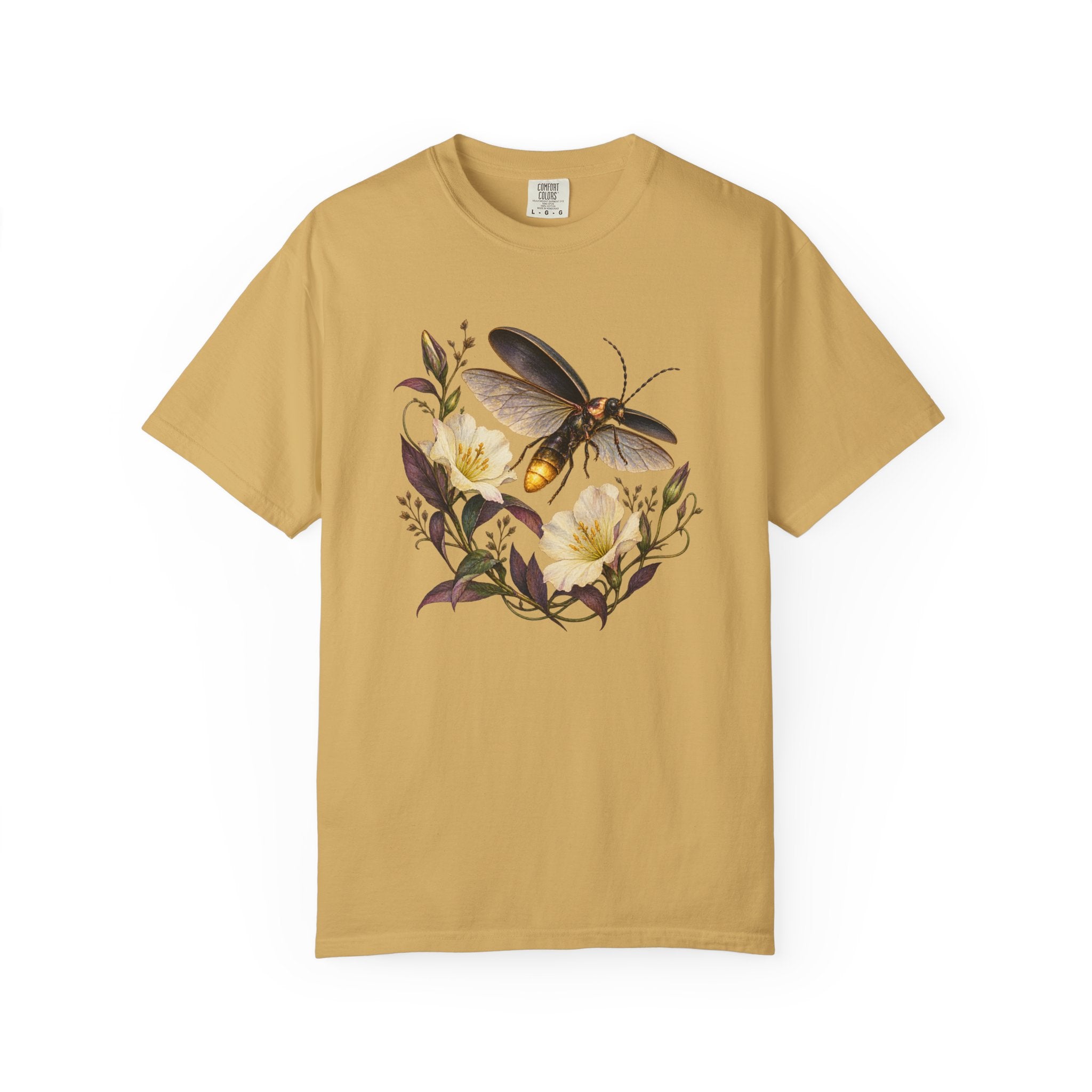 Firefly & Evening Primrose T-Shirt — summer night botanical illustration, front print