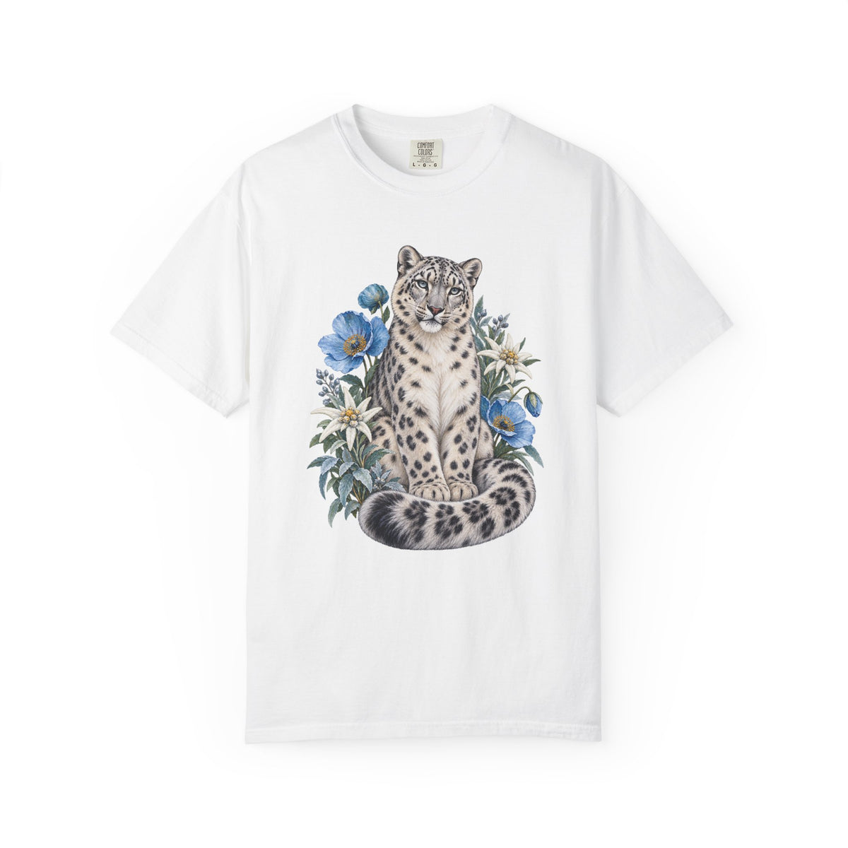 Snow Leopard & Blue Poppy T-Shirt — snow leopard and alpine wildflowers