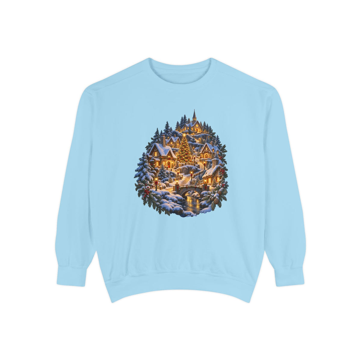 Small town Christmas sweatshirt in Chambray, a muted mid-blue garment-dyed Comfort Colors 1566 crewneck with a snowy hillside village and lit church