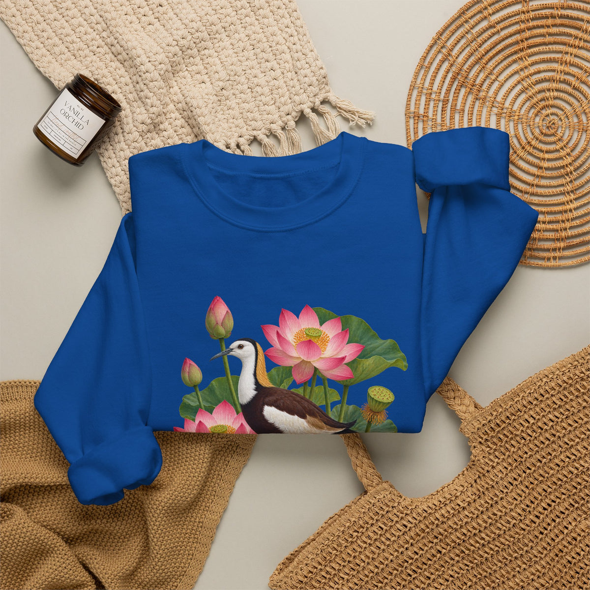 Lightly, She Goes crewneck sweatshirt, a long-tailed waterbird among pink lotus blossoms, buds, seed pods and broad green leaves, image 8 of 28
