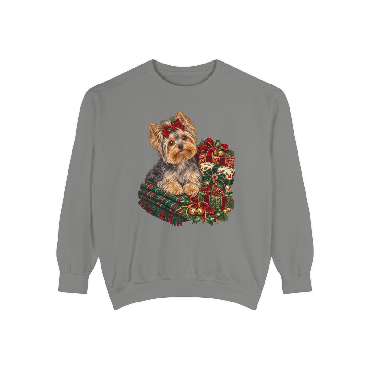 Yorkie Christmas sweatshirt in Grey, front view