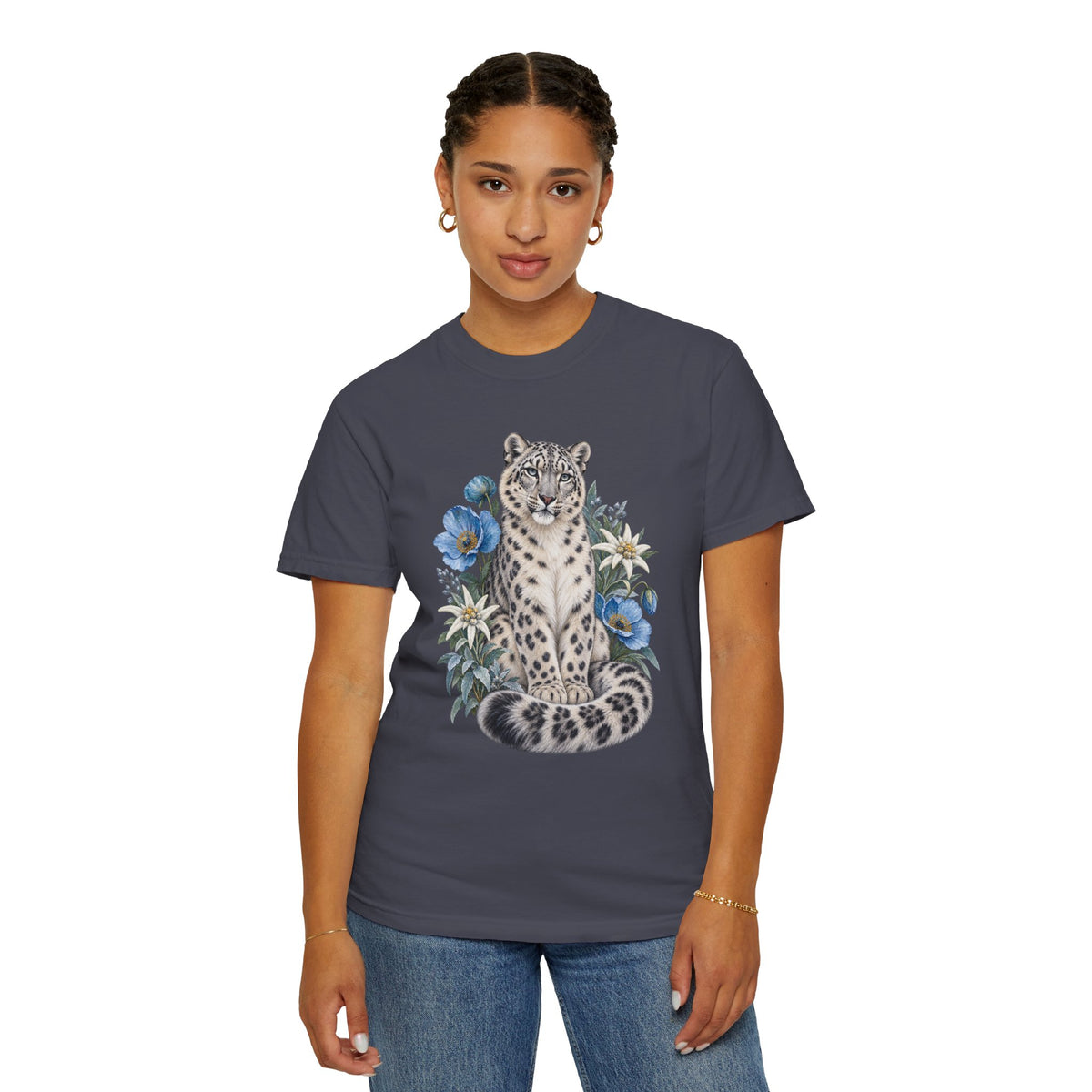 Snow Leopard & Blue Poppy T-Shirt — artwork close-up