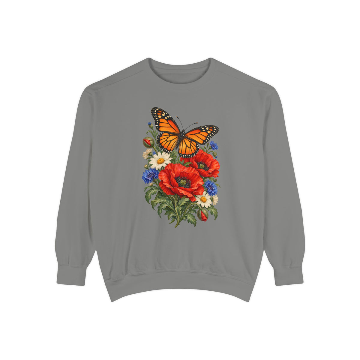 Green leaves, curling stems and unopened buds around the poppies, printed straight onto the garment with no panel or frame