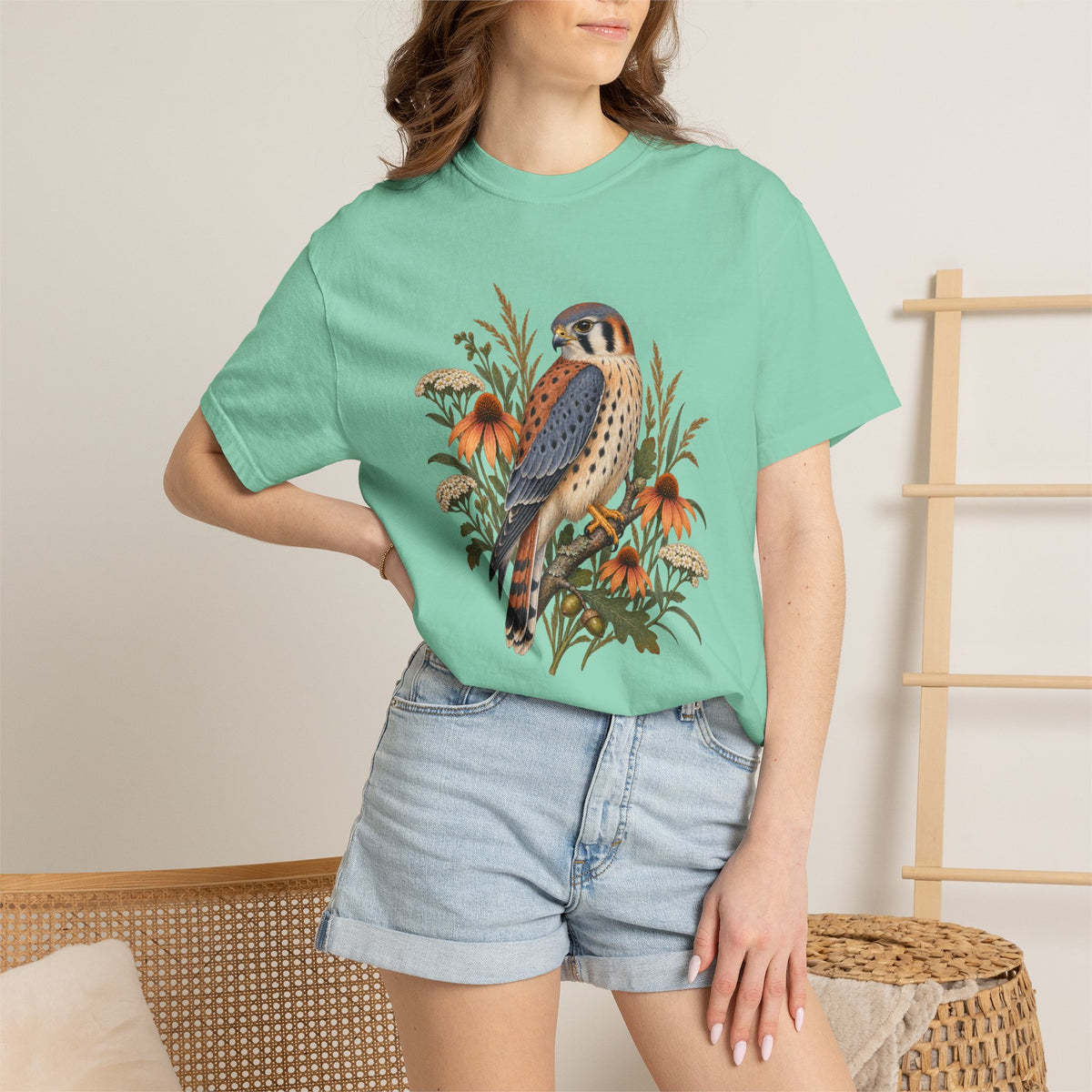 American Kestrel & Coneflower T-Shirt — Garment-Dyed Cotton