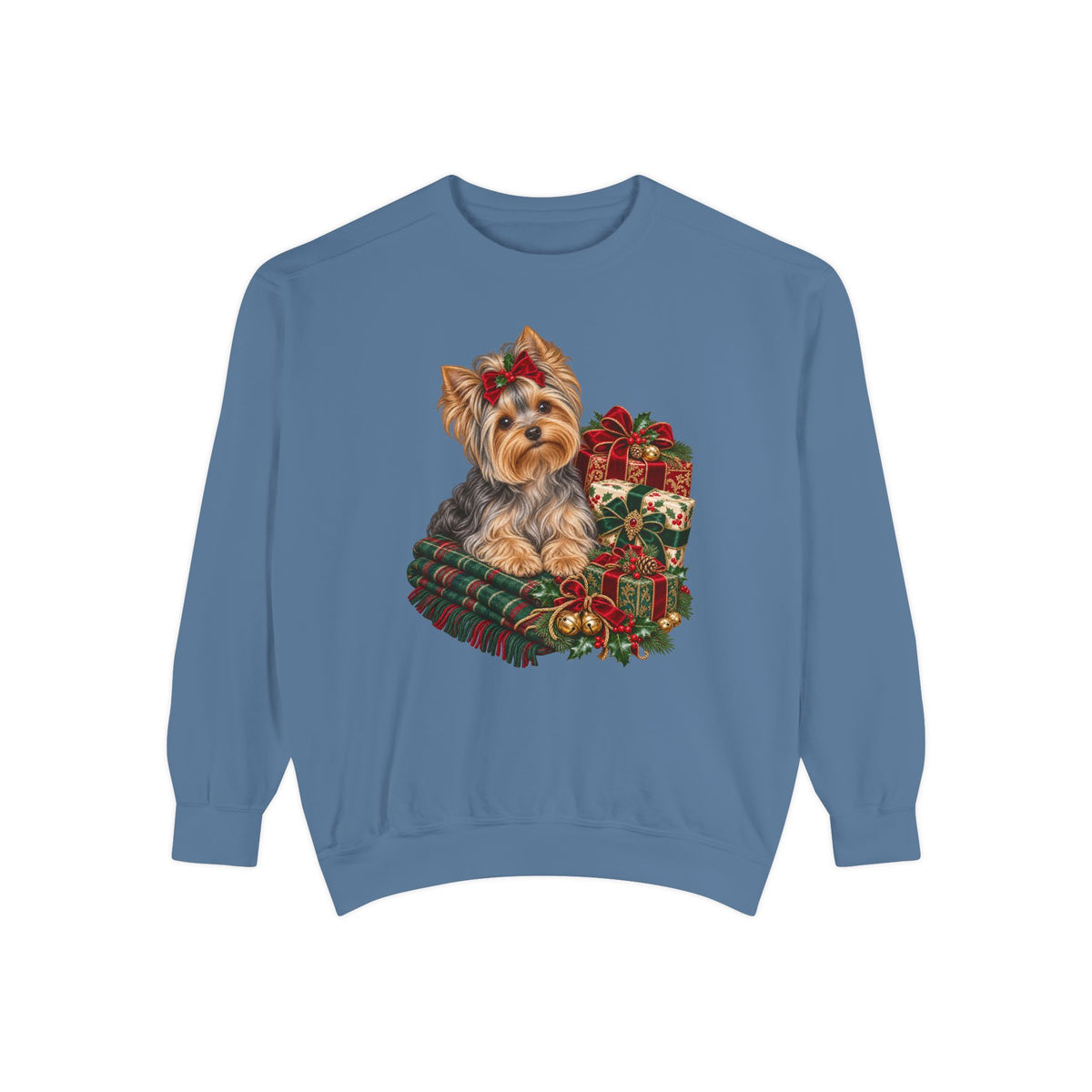 Yorkie Christmas sweatshirt in Blue Jean, front view