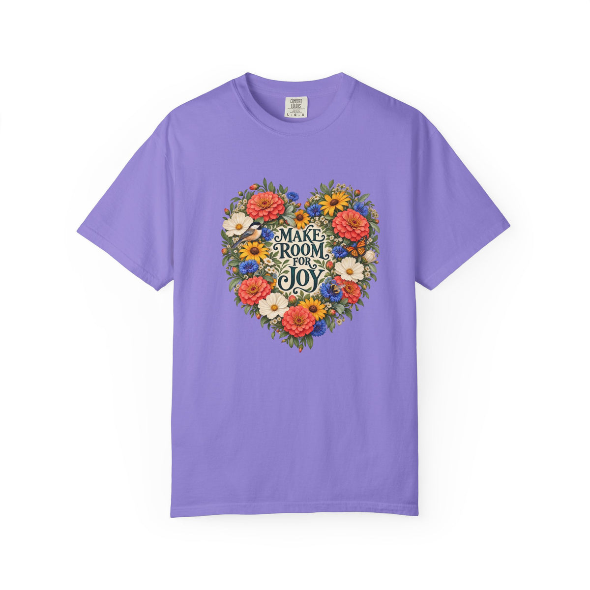Make Room for Joy Floral T-Shirt - a relaxed unisex garment-dyed tee carrying the floral lettering print