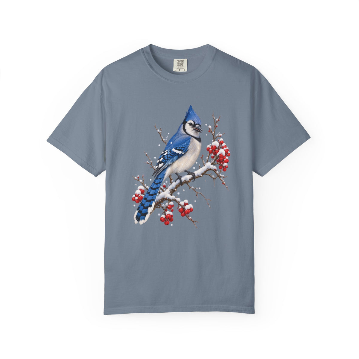 Blue jay winterberry t-shirt in Blue Jean – blue jay bird and snowy winterberries on a light washed denim garment-dyed tee