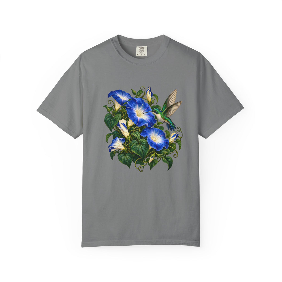Vintage botanical illustration of a morning glory vine with heart-shaped leaves and curling tendrils, large front-centered chest print on garment-dyed cotton