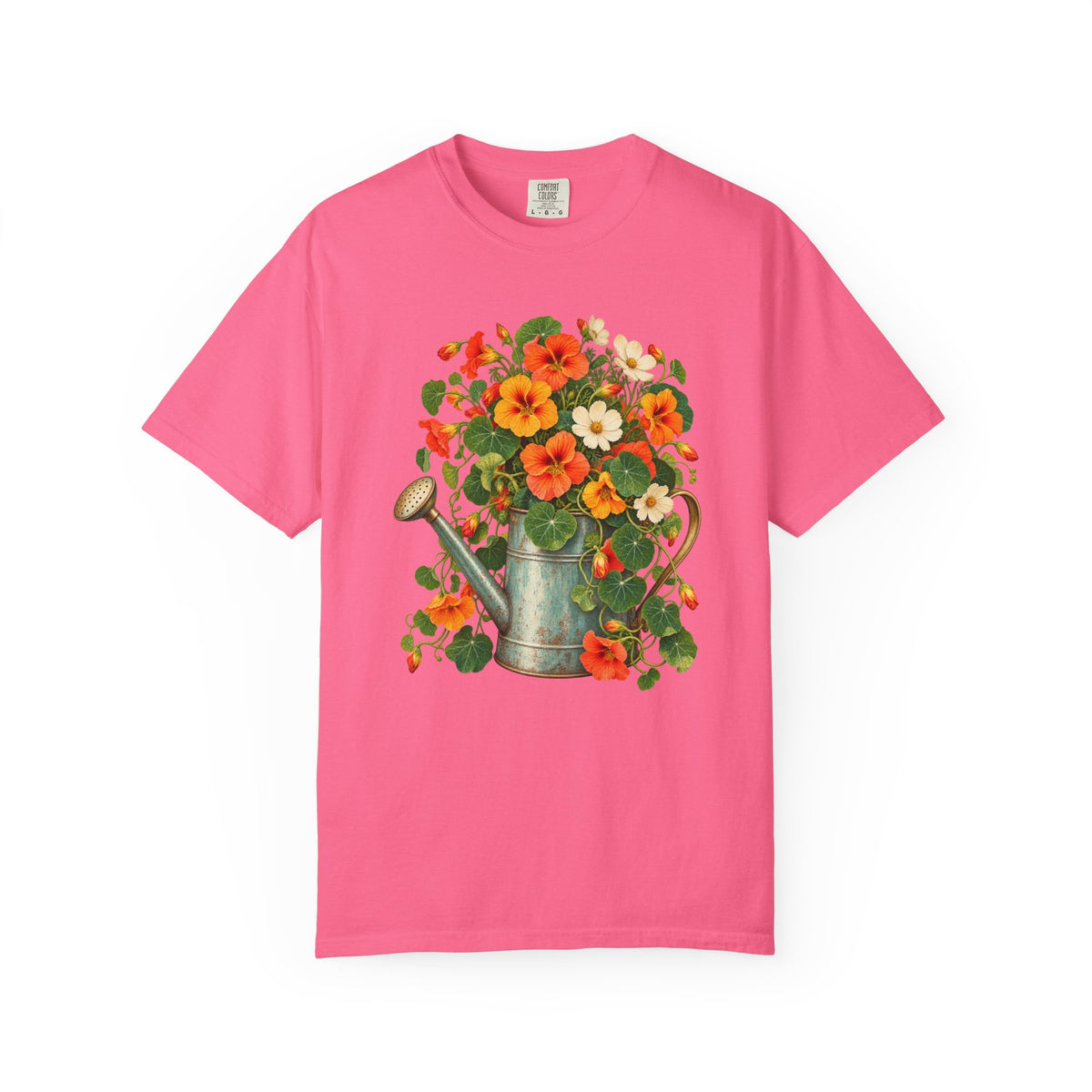 Nasturtium and watering can design on a relaxed unisex garment-dyed tee, adult sizes S to 4XL