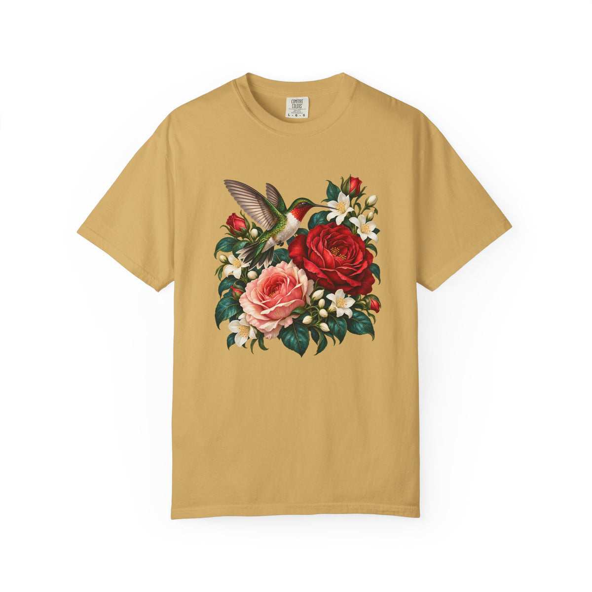 The ruby-throated hummingbird and roses illustration, front-centered chest print on a garment-dyed Comfort Colors 1717 tee