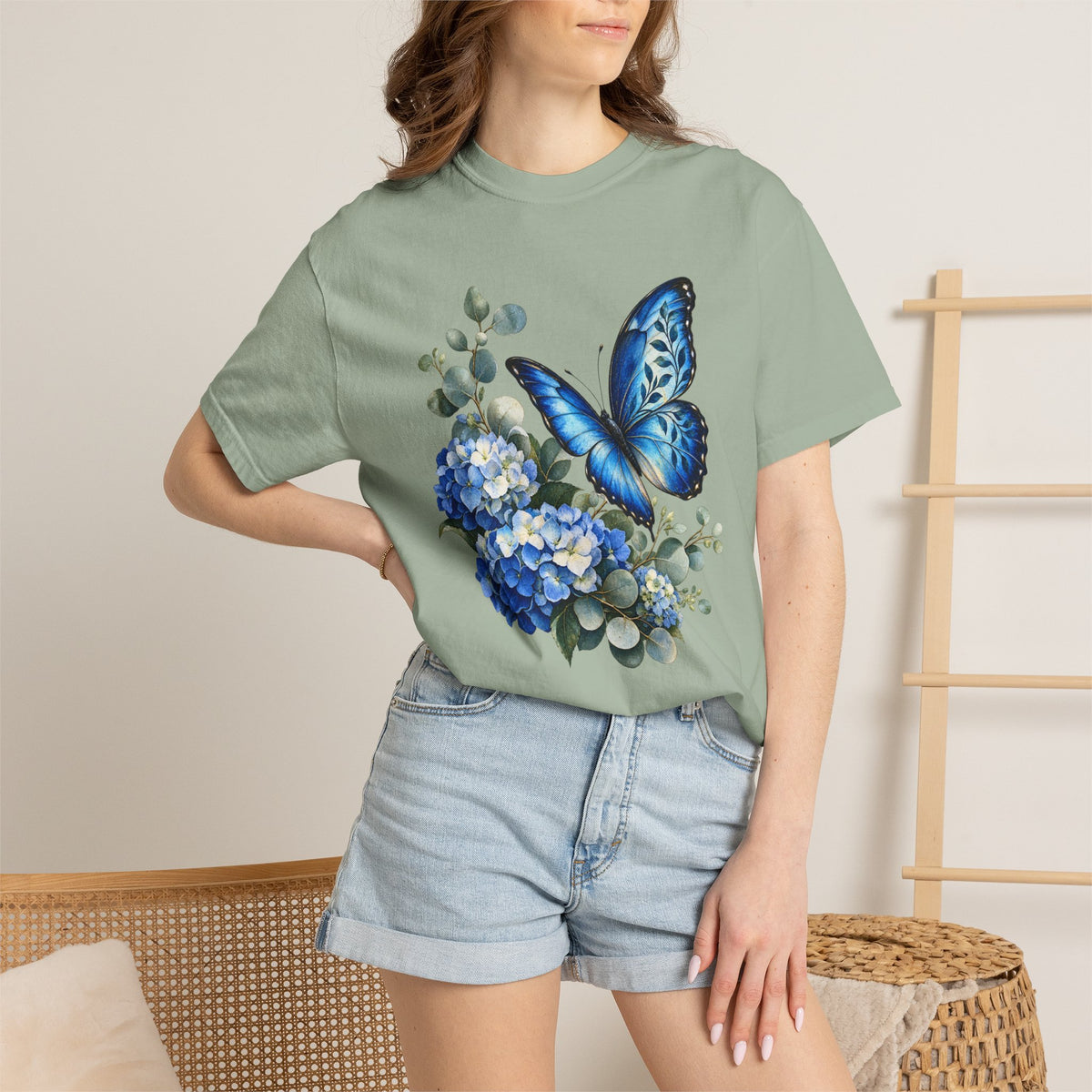 Blue Morpho & Hydrangea T-Shirt — Garment-Dyed Cotton