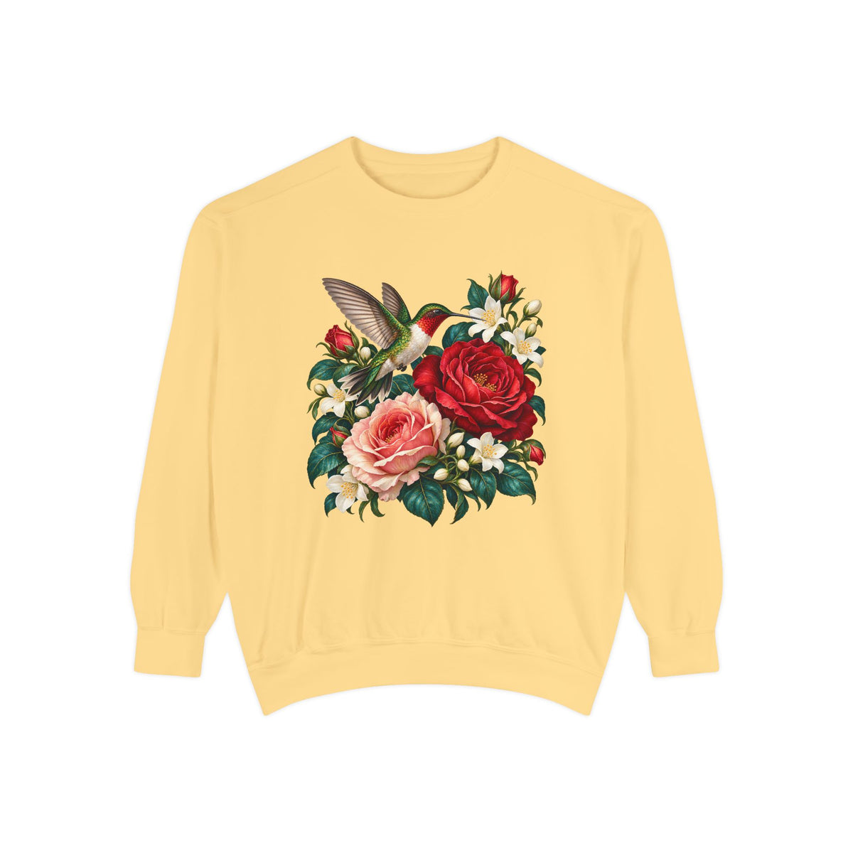 The deep red rose and blush pink rose with tight red rosebuds and white jasmine, from the ruby-throated hummingbird sweatshirt design