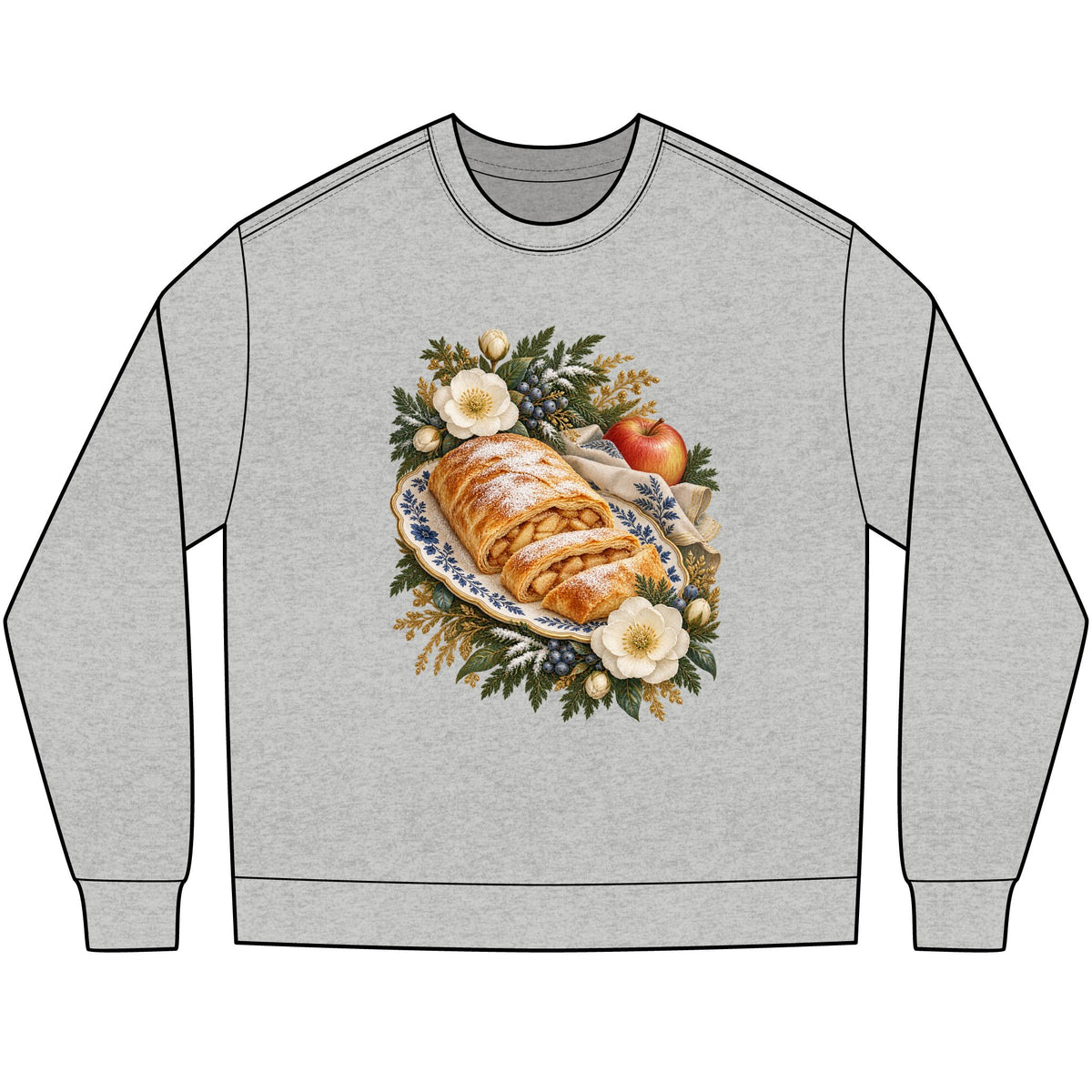 Apple strudel and winter florals artwork - a golden pastry on a blue-and-white floral plate surrounded by cream flowers, gold-edged foliage and evergreen sprigs