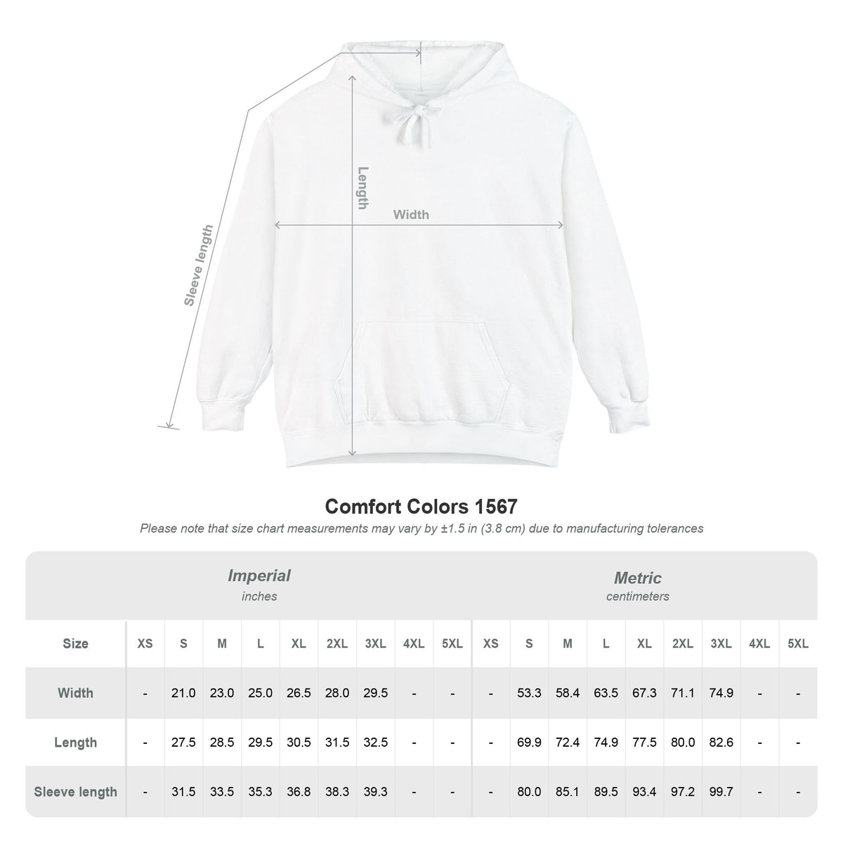 Comfort Colors 1567 hoodie size chart, width, length and sleeve length in inches and centimeters