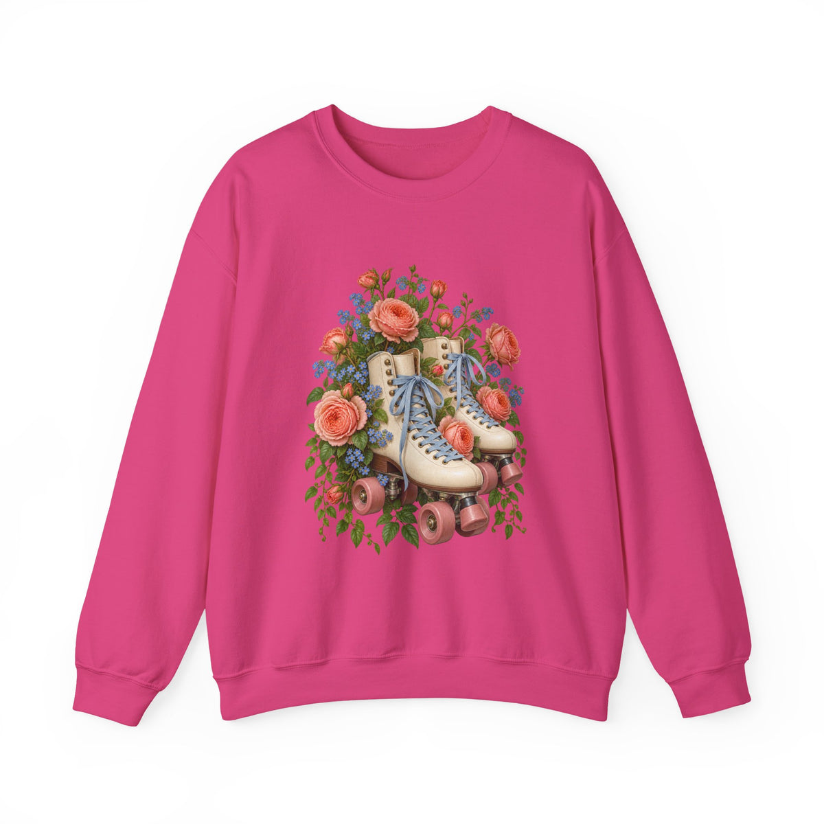 She Still Rolls crewneck sweatshirt, cream roller skates with blue laces and dusty pink wheels among coral roses, small blue flowers and trailing greenery, image 7 of 21