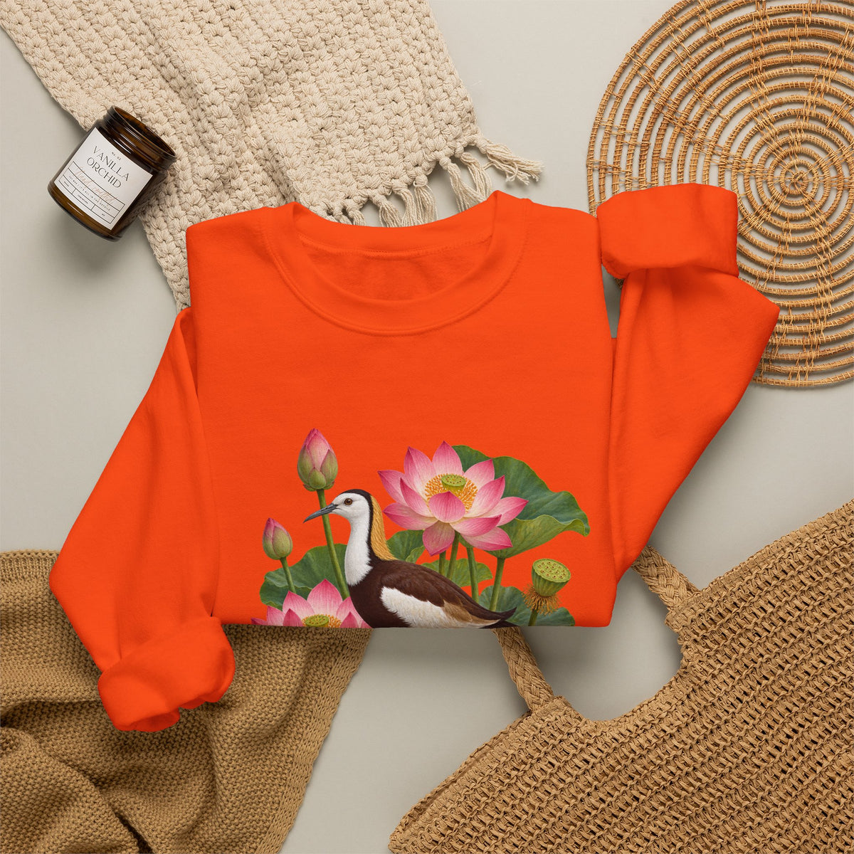 Lightly, She Goes crewneck sweatshirt, a long-tailed waterbird among pink lotus blossoms, buds, seed pods and broad green leaves, image 14 of 28