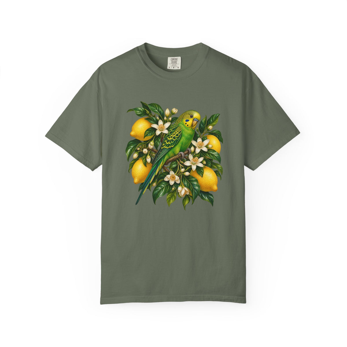 Lemon Tree and Budgie T-Shirt - a 6.1 oz garment-dyed ring-spun cotton tee carrying the botanical lemon and budgerigar illustration