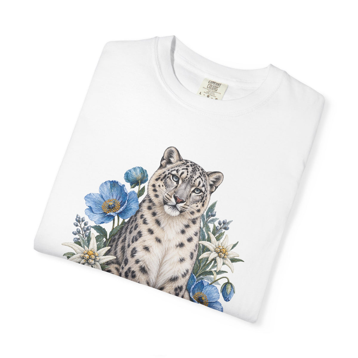 Snow Leopard & Blue Poppy T-Shirt — unisex relaxed cut, modelled