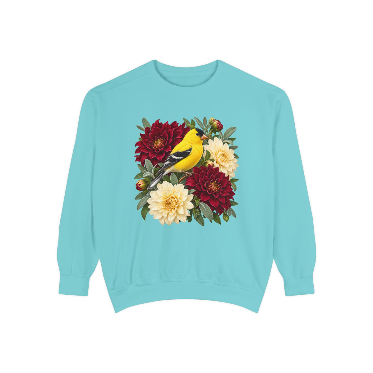 Vintage botanical illustration of an American goldfinch with dahlias, large front-centered chest print on heavyweight garment-dyed fleece