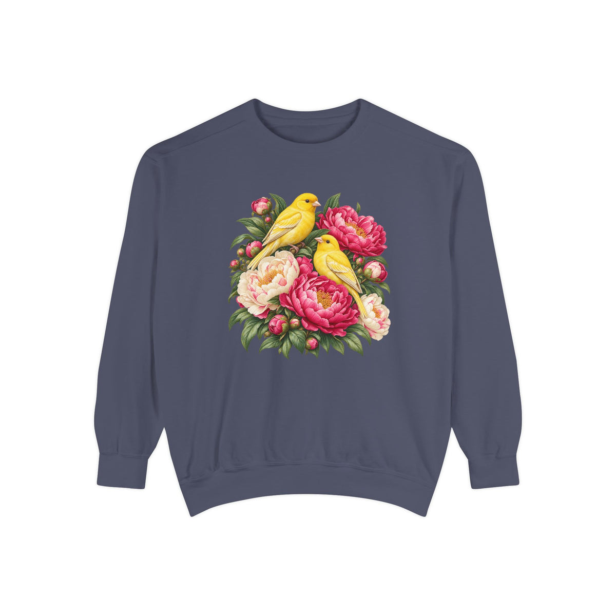 Yellow Songbirds and Pink Peony Sweatshirt - a plain round-neck crewneck pullover with no hood and no front pocket, carrying the peony print