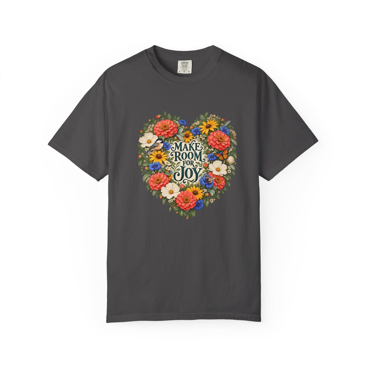 Make Room for Joy Floral T-Shirt - coral-red flowers and golden yellow blooms gathered around the pale centre of the design