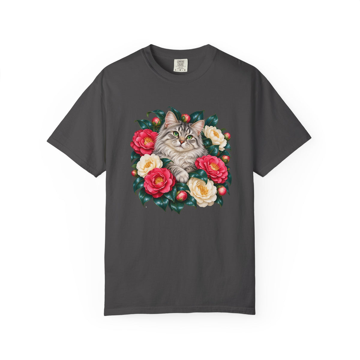 Silver Tabby Cat T-Shirt - a long-haired silver tabby cat framed inside a wreath of deep pink and cream camellias with glossy evergreen leaves and red winter berries, on a garment-dyed Comfort Colors tee