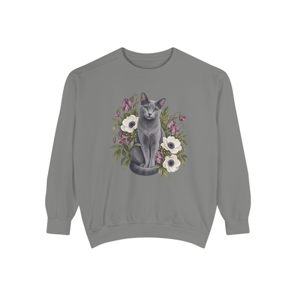 Russian Blue cat sweatshirt in Grey - a full color botanical portrait of a grey Russian Blue cat among wildflowers, printed large and centered on a garment-dyed Comfort Colors crewneck
