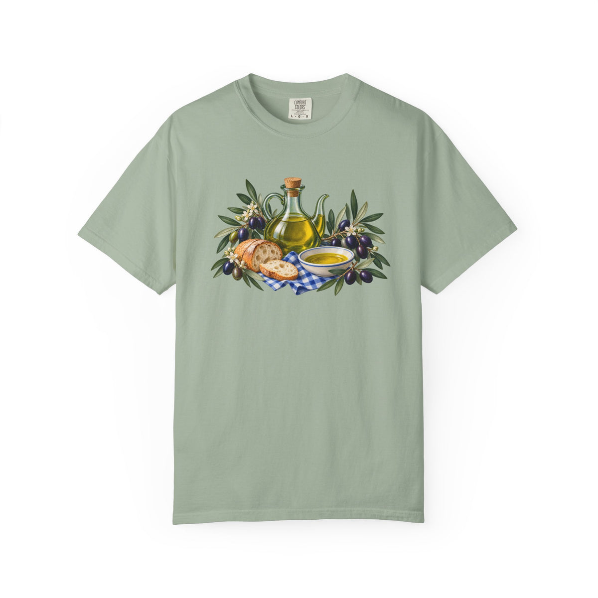 Pass the Bread tee in Bay, a Mediterranean olive oil and bread print on soft green