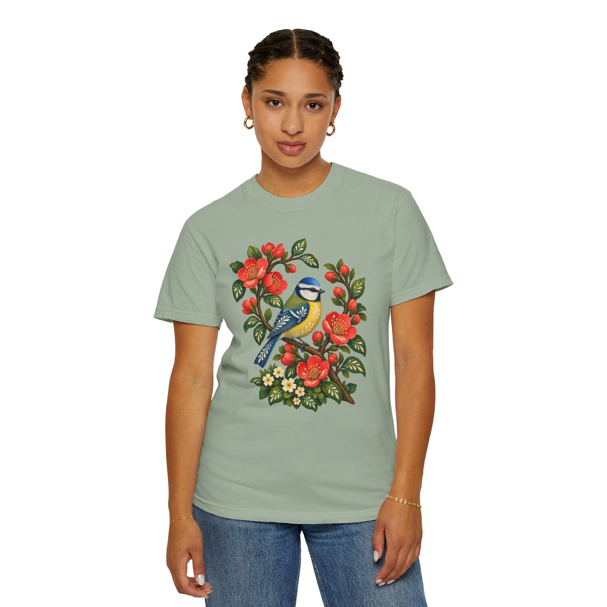 Folk Art Songbird & Red Blossom T-Shirt, garment-dyed Comfort Colors cotton