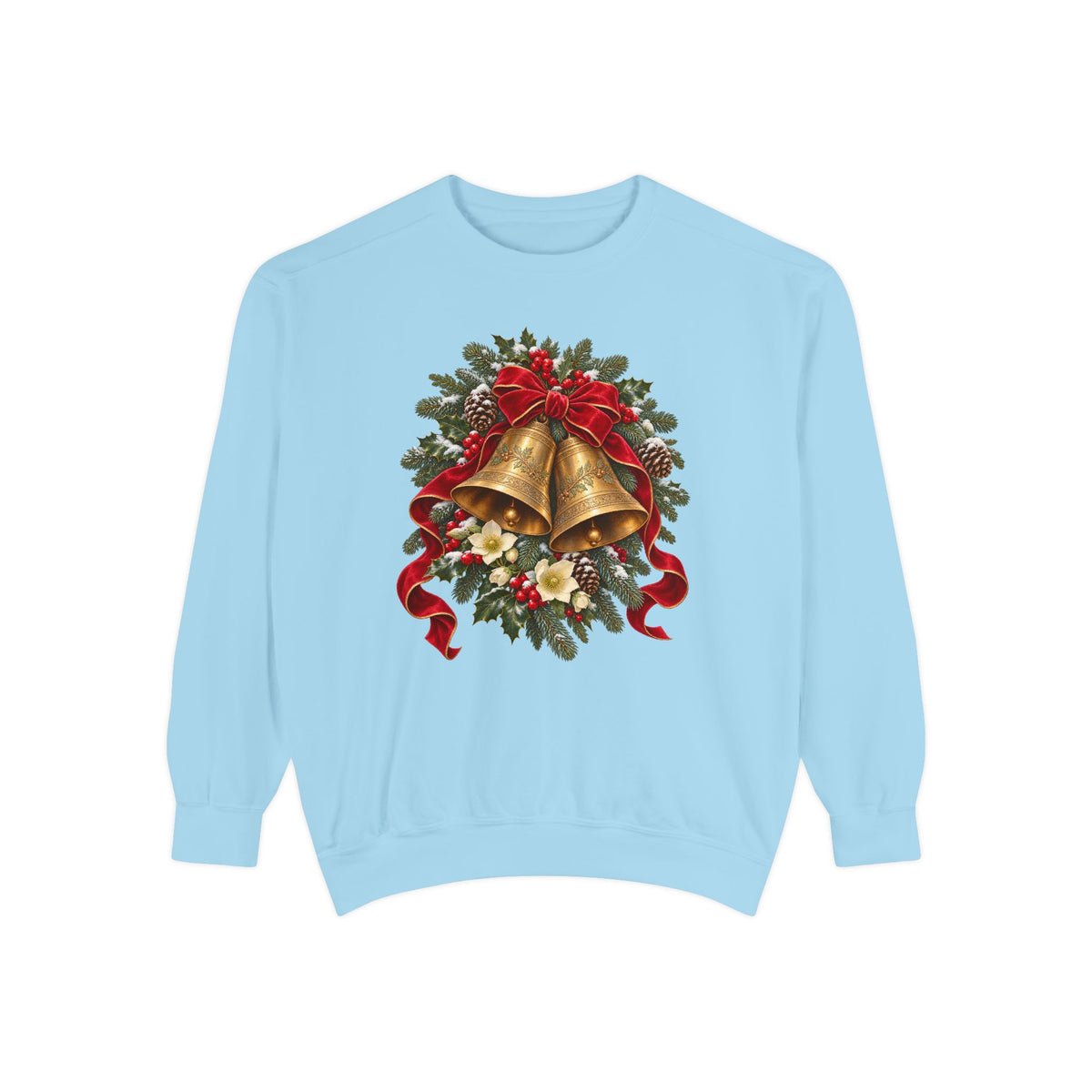 Vintage Christmas bells sweatshirt in Chambray, front view