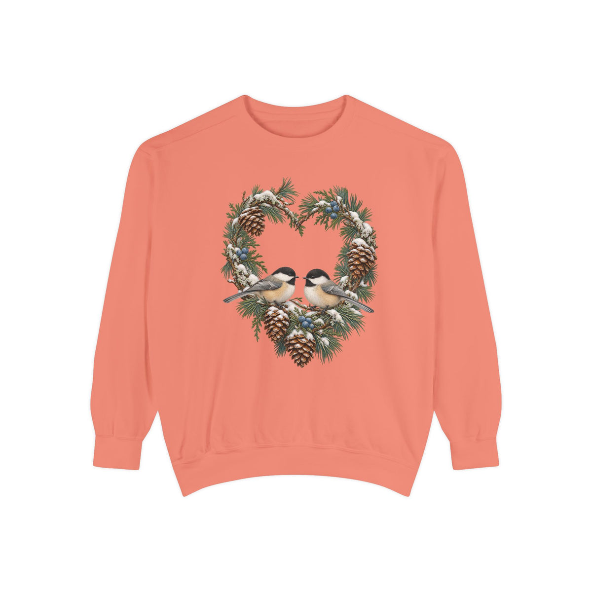 Chickadee heart wreath sweatshirt in Terracotta, front view
