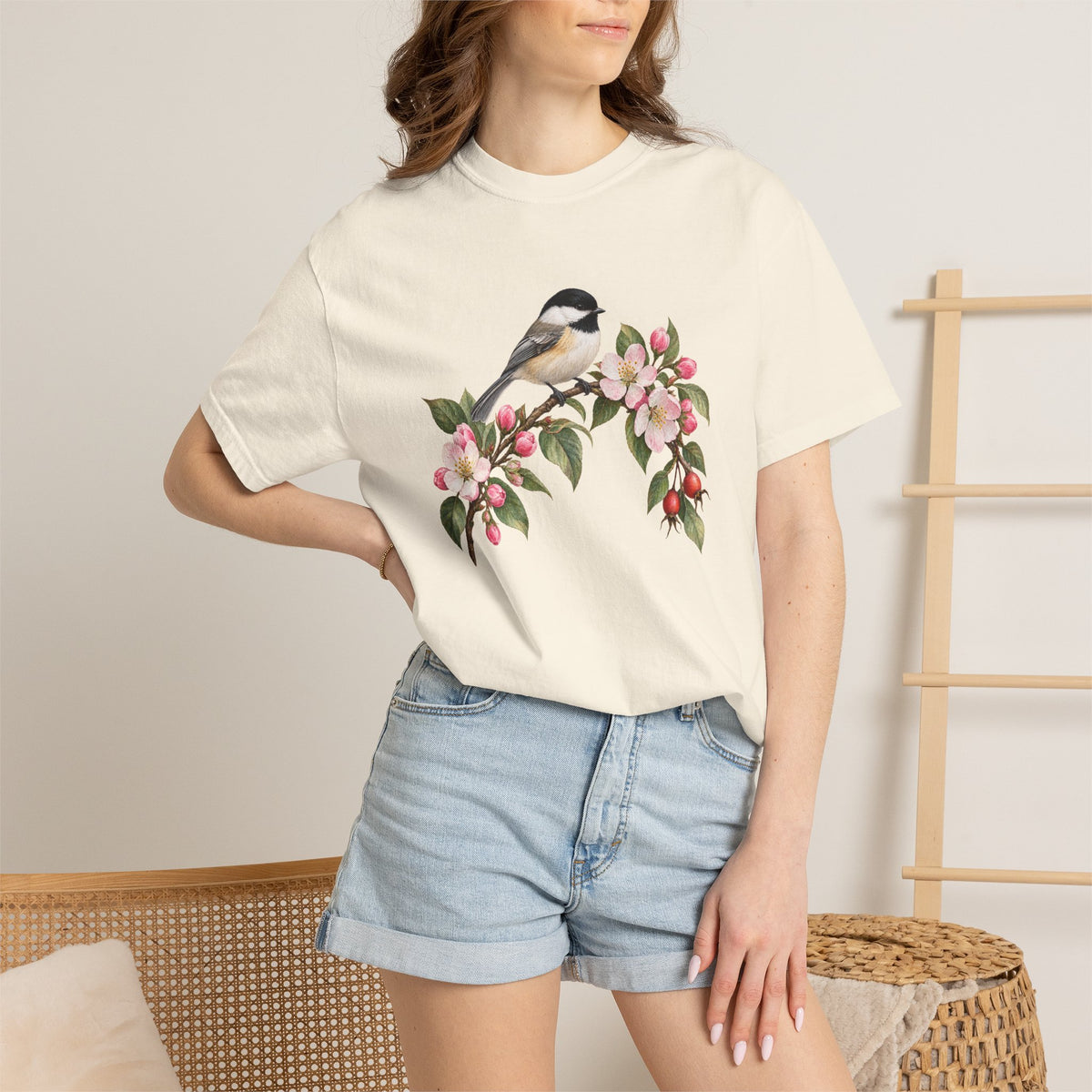 Chickadee & Apple Blossom T-Shirt — Garment-Dyed Cotton