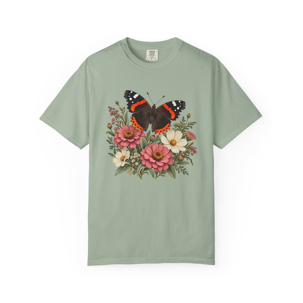 Red Admiral & Zinnia T-Shirt — Garment-Dyed Cotton