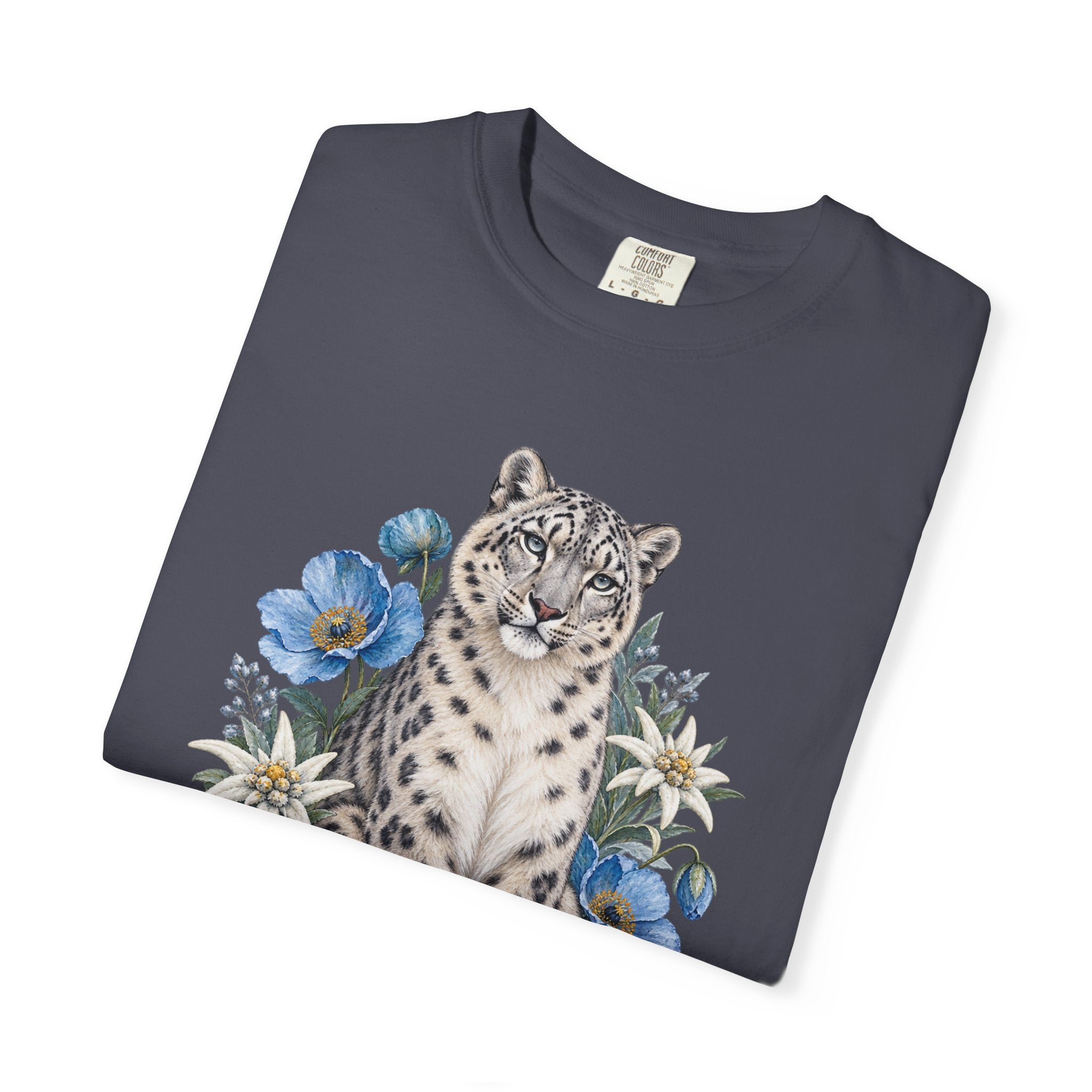 Snow Leopard & Blue Poppy T-Shirt — straight body, relaxed fit