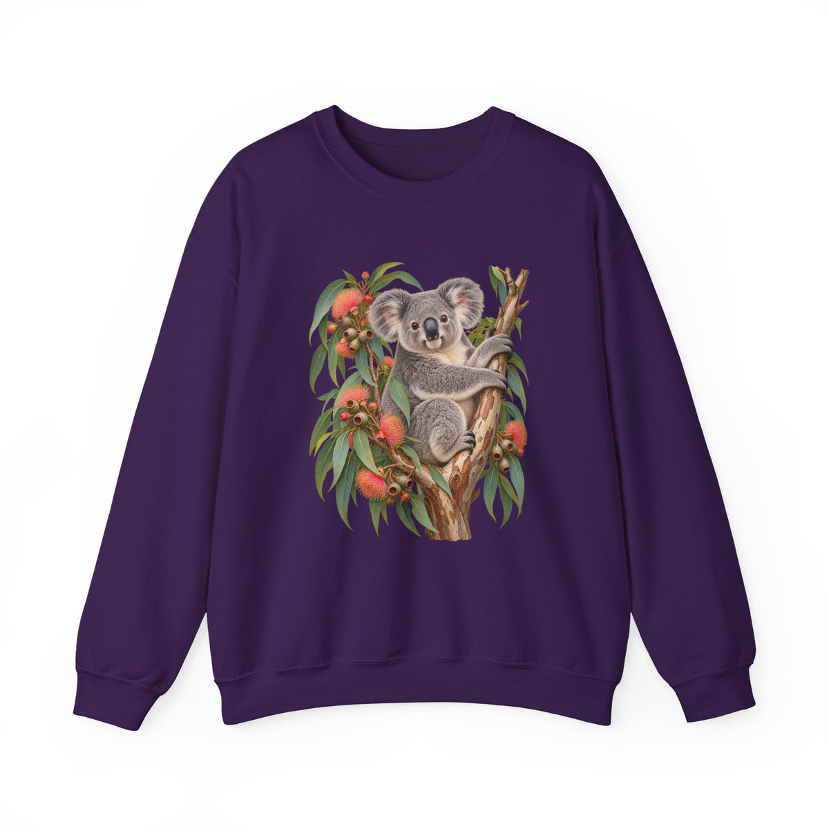 Booked for the Afternoon sweatshirt — a grey koala resting among eucalyptus leaves and coral-pink blossoms, on a unisex crewneck